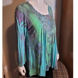 DB Sport Turquoise Floral Pleated Blouse Women's XL Oversized Artsy Beachy